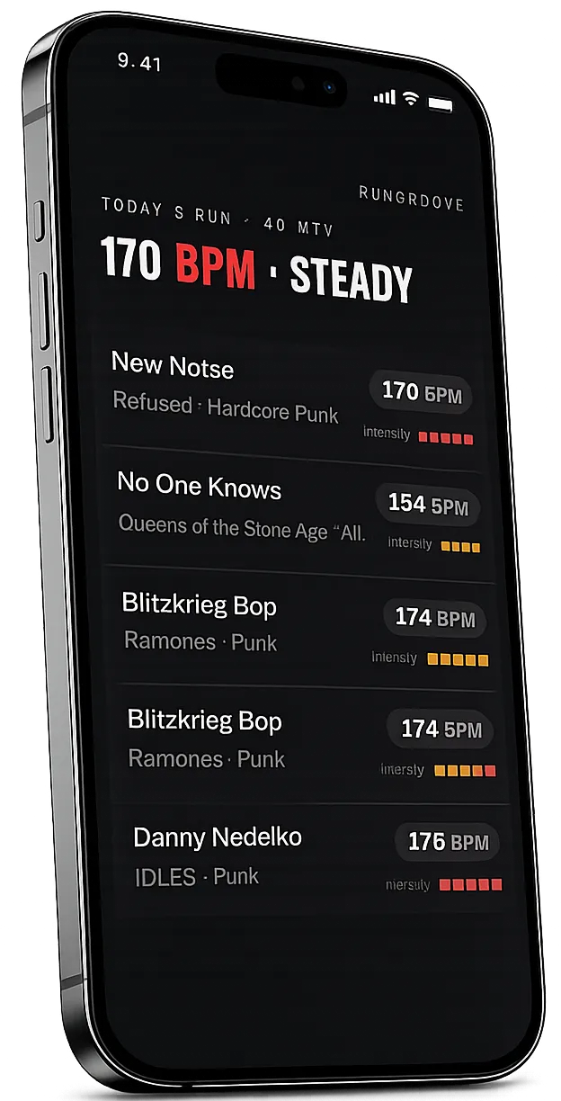 The Rungroove app showing a 170 BPM steady run with hand-picked songs